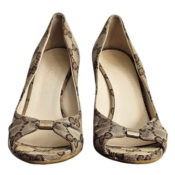 Gucci beige/ebony GG canvas peep-toe Cyprus cork wedge Size 5B - Picture 3 of 15